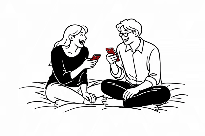 A couple sitting together, laughing and looking at their phones